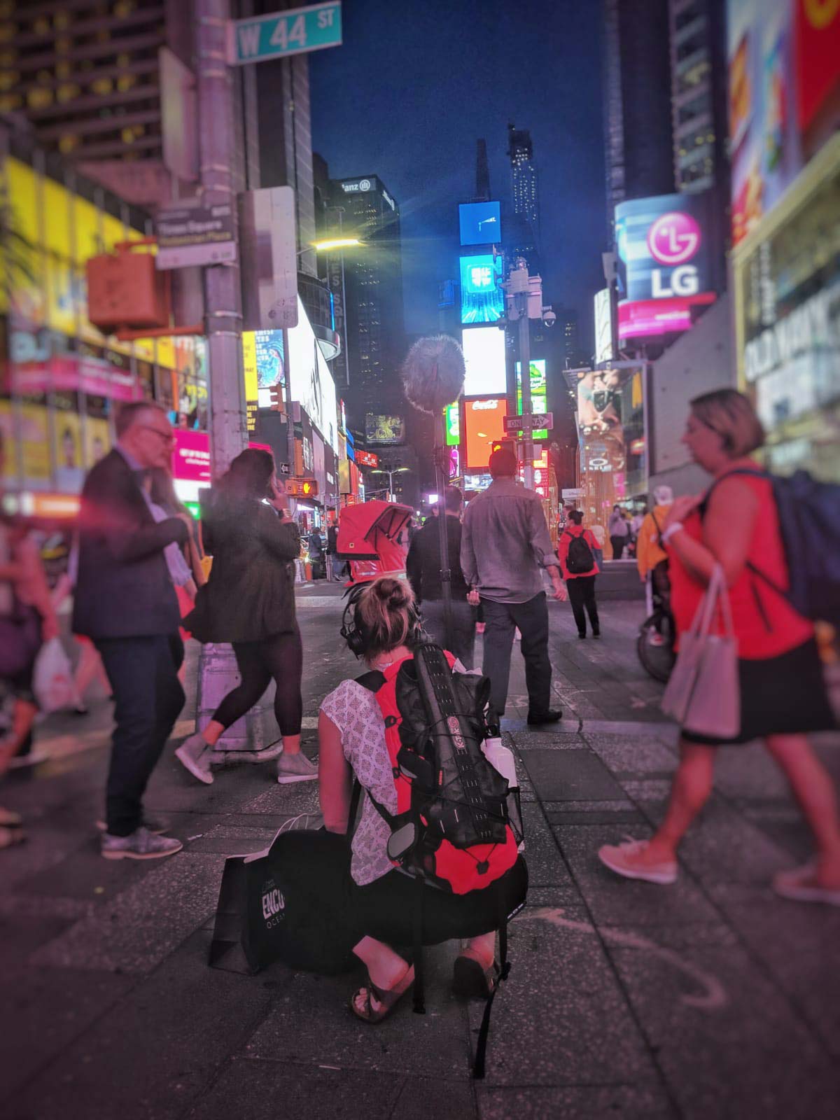 Ellie recording atmos in Times Square, NY