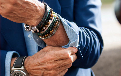 Man in fashionable suit wearing Natural Stone Bracelets