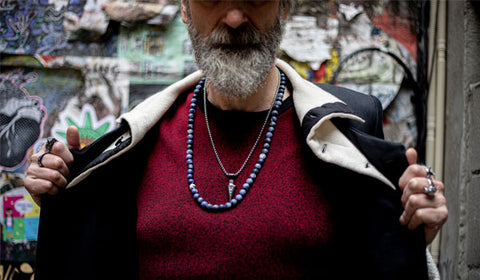 Model wearing sodalite natural stone necklace