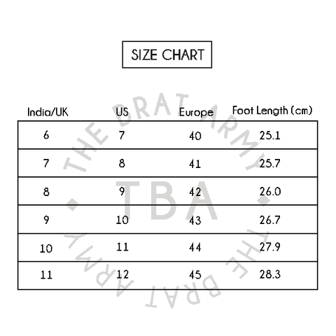 Size chart for men's shoes