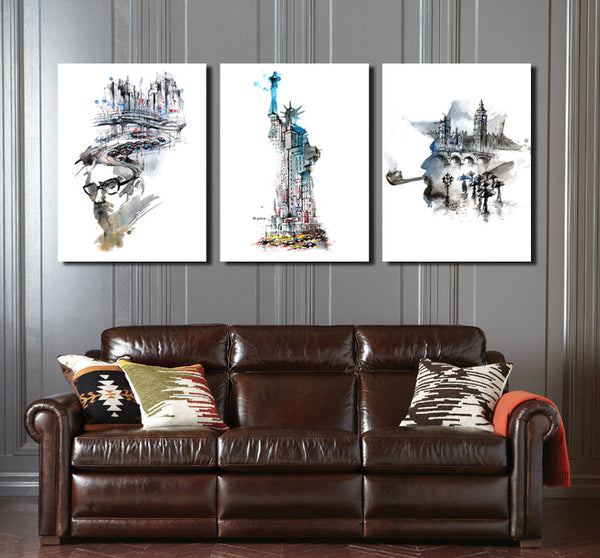 3 Panel Modern Abstract Statue Of Liberty And City Canvas Wall Art Pri Newcanvasprint