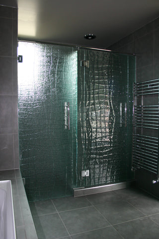 Glass Shower door and walls in slumped textured patterned glass - Escape Glass