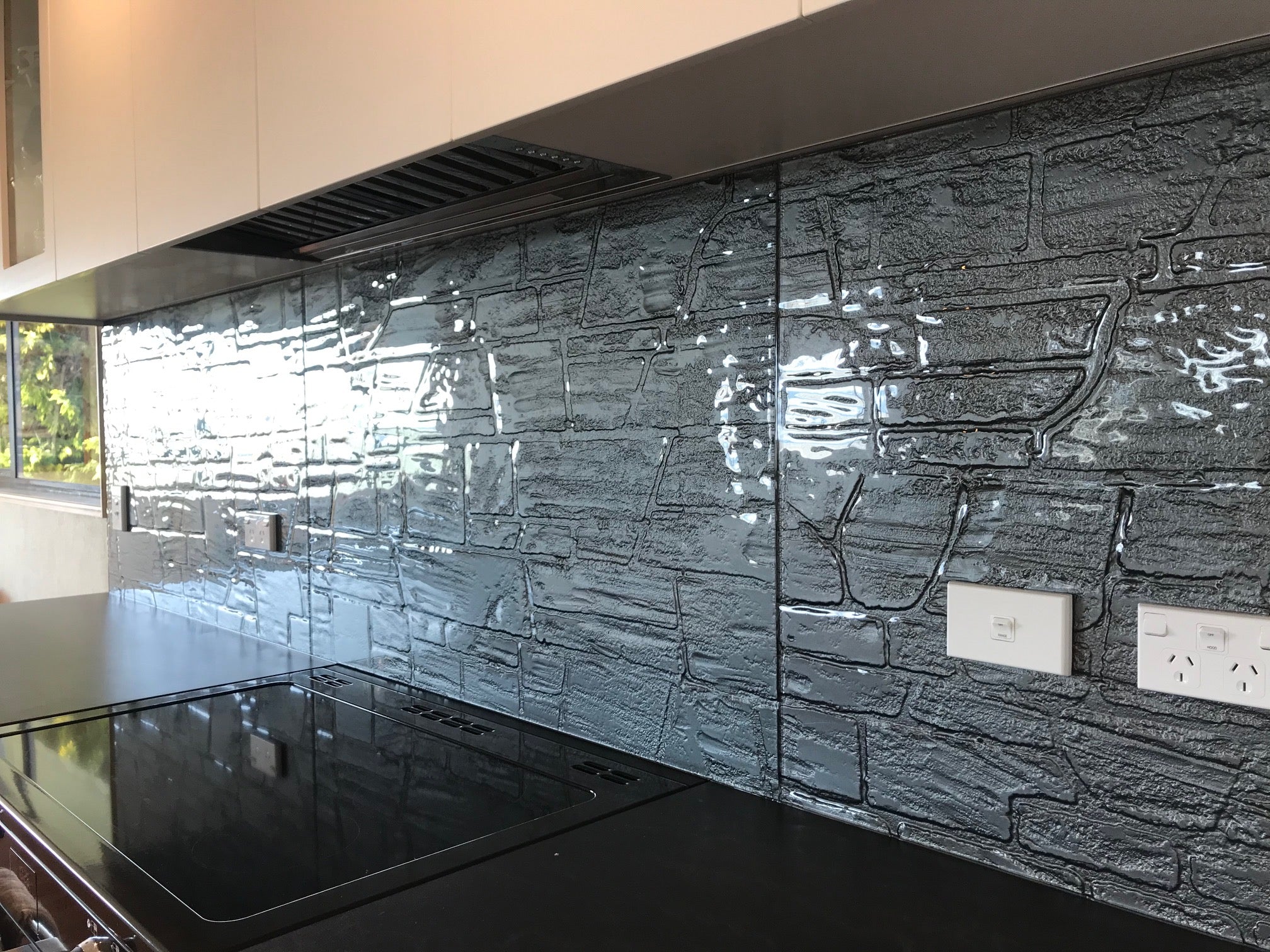 Grey schist pattern textured glass slumped 6mm splashback | Escape Glass