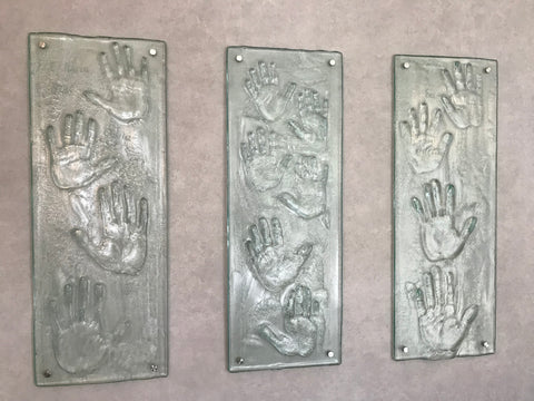 baby kids Hand Print panels in slumped glass like momentoes