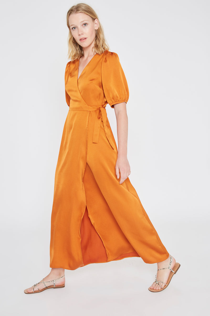 orange satin wrap dress