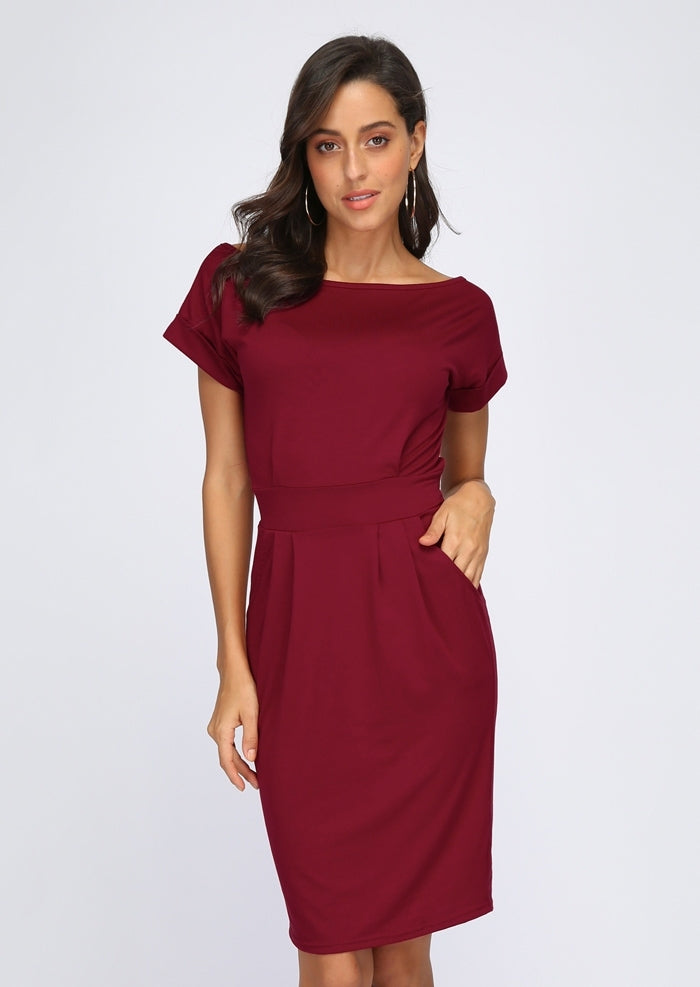 red midi pencil dress