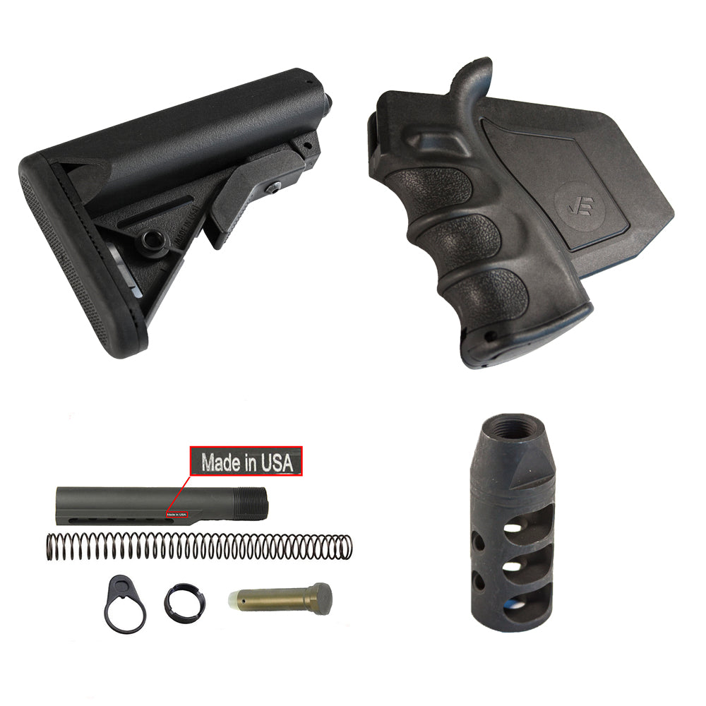 【JE Machine Tech】 California Featureless Fixed SOPMOD Stock & Paddle Grip & LMT Buffer Tube Combo & 223 Muzzle Brake #00556