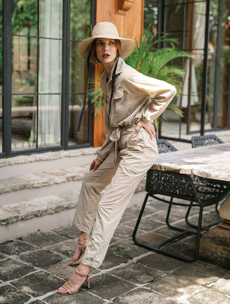 klap Pekkadillo Groot Brunna Co | Amelia Recycled Utility Jumpsuit, in Sand Beige | ourCommonplace