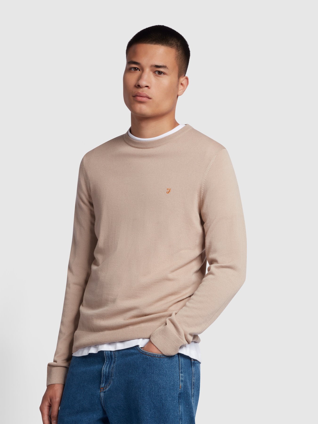 Mullen Slim Fit Merino Wool Crew Neck Sweater In Light Beige