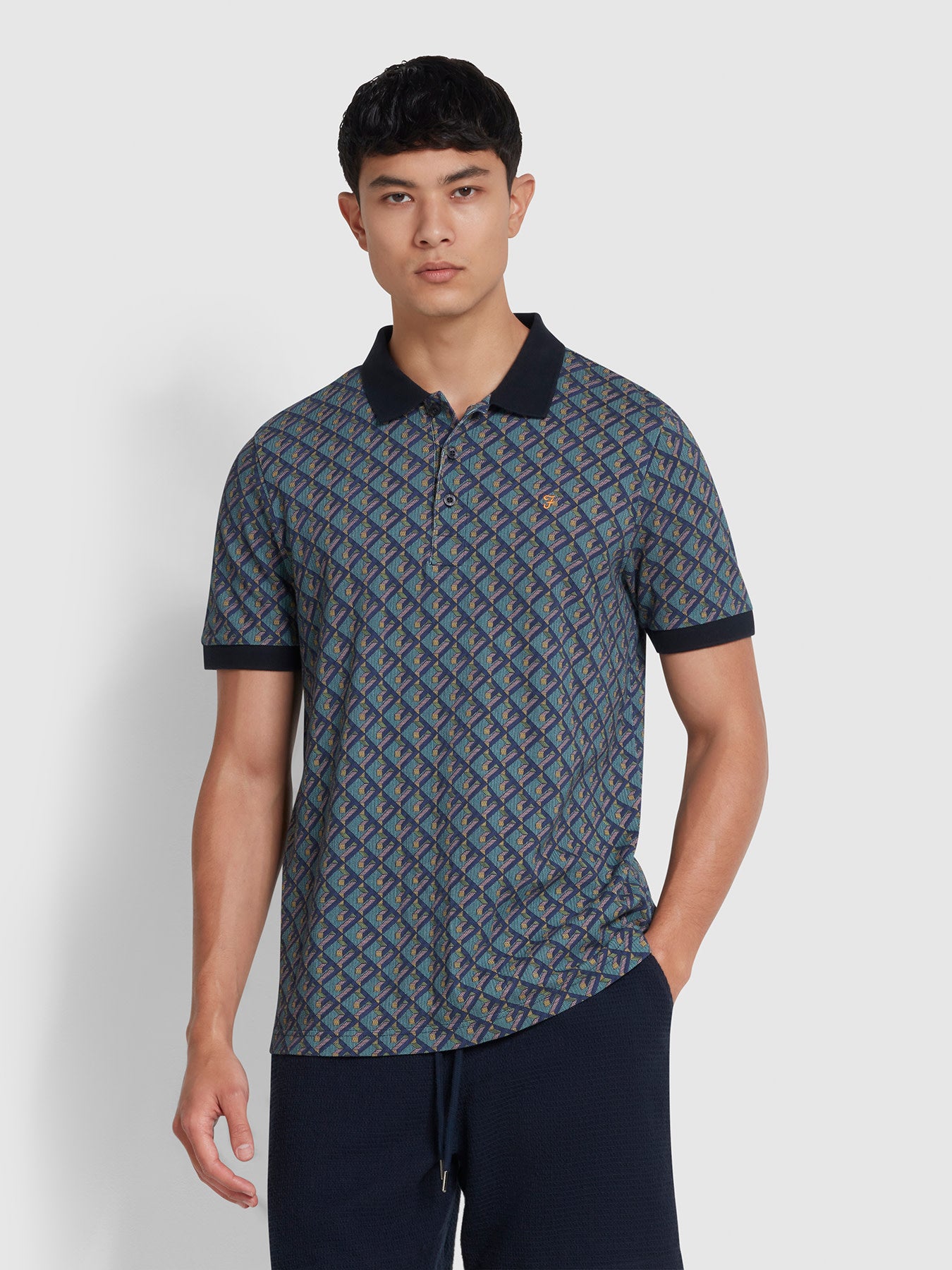 Heydon Print Short Sleeve Polo Shirt In True Navy