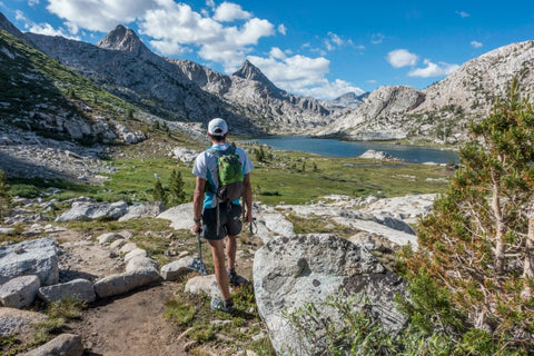 Mountainscape with trees lake and hiker