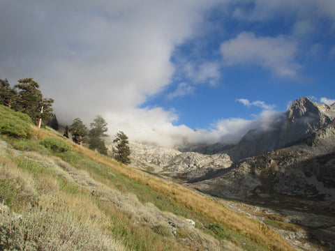 Mountain scape with trees and clouds