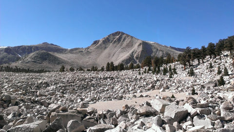 Mountain scape with talus field trees and clouds