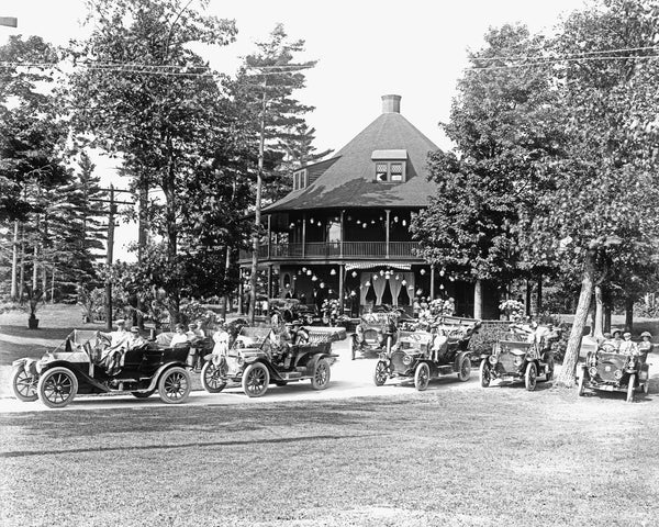 Touring cars at Bluff Point, circa 1917. -- Clinton County Historical Museum