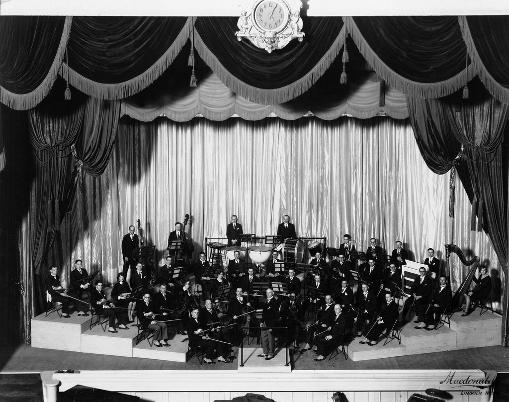 The Lincoln Symphony Orchestra during a show at the Lincoln Theater in 1928. -- Nebraska State Historical Society