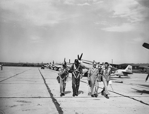 P-51 pilots on the apron at Sioux City Army Air Base, circa 1945. -- SIOUX CITY PUBLIC MUSEUM