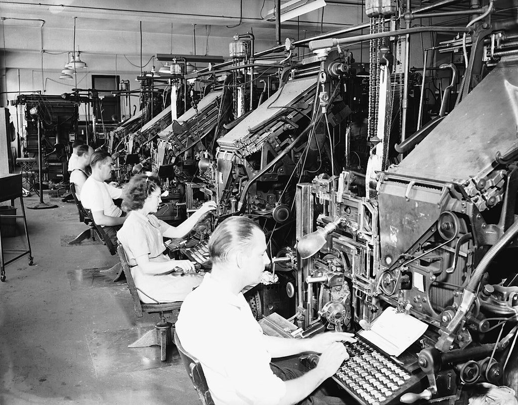 Linotype workers and machines, Sioux City Journal-Tribune, Fifth and Douglas streets, 1946. -- Courtesy Sioux City Public Museum