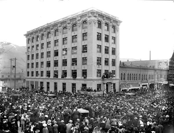 Former president Theodore Roosevelt campaigning in front of the Western Montana Bank building in Missoula, circa 1911. -- Courtesy of Maureen and Mike Mansfield Library, The University of Montana-Missoula (486-IX_122-021)