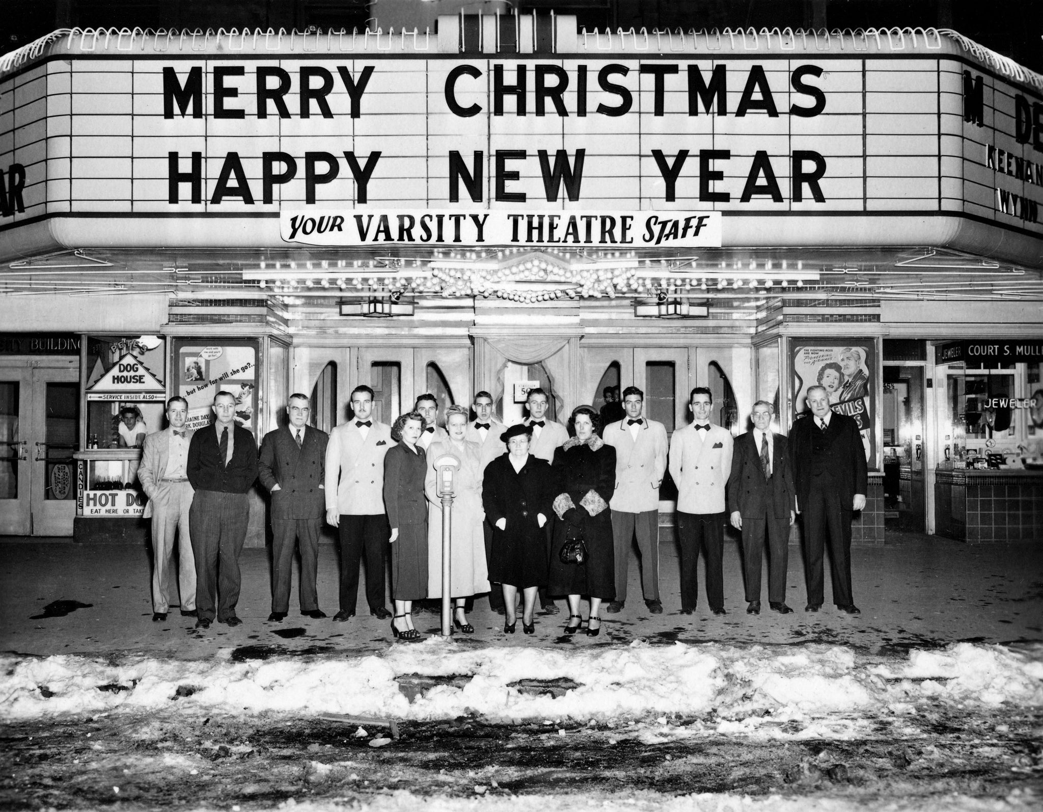 The Varsity Theatre’s staff Christmas photo, November 26, 1948. The theater was located at 143 North 13th Street. -- NEBRASKA STATE HISTORICAL SOCIETY / #RG2183.PH001948-001126