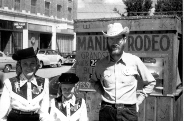 John, Gwen, and daughter Becky Mushik, all dressed up and ready to go to the Mandan Rodeo, 1950. Men were encouraged by the Chamber of Commerce to grow their beards for Rodeo Days. -- Courtesy Becky Mushik Roesler