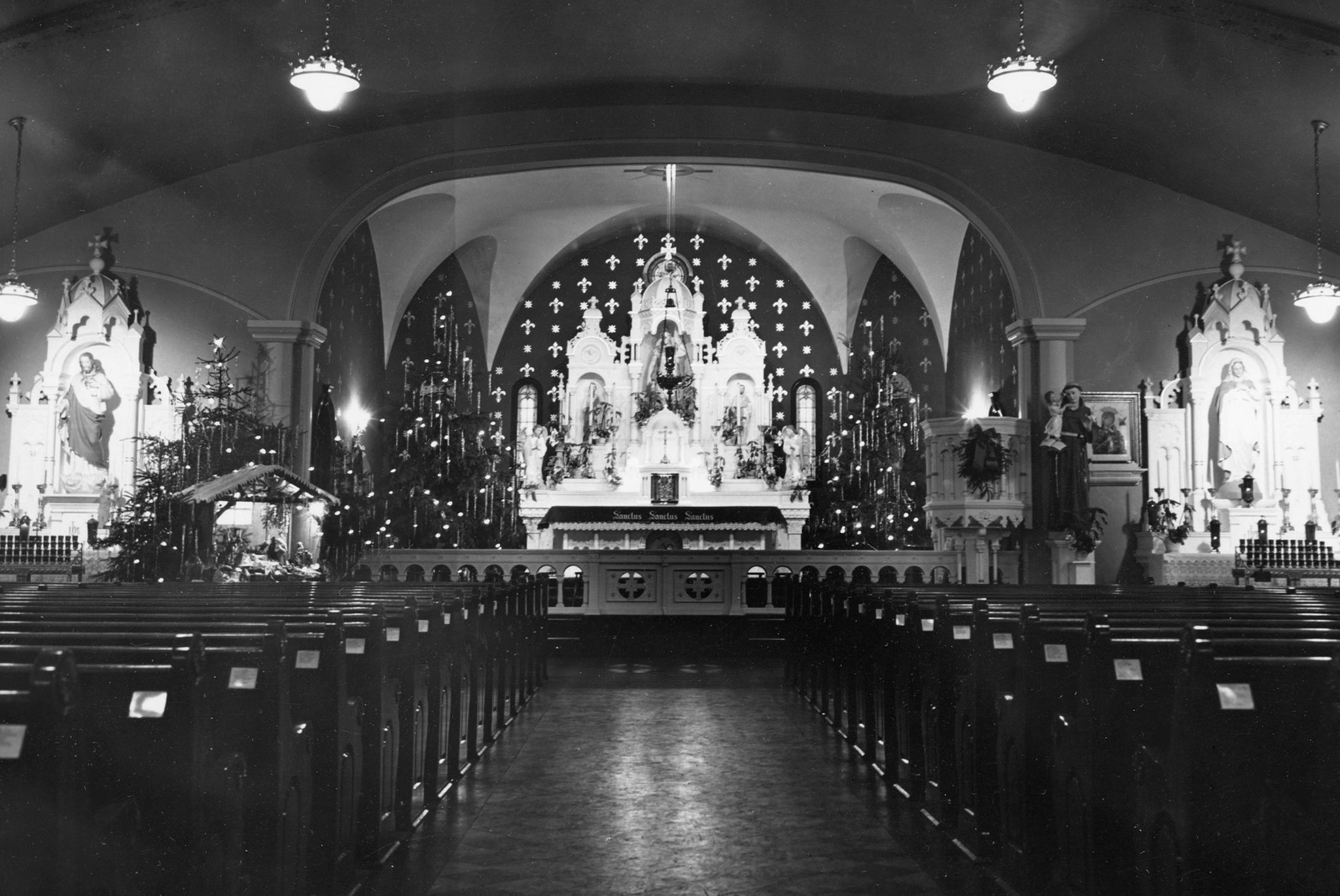 St. Florian Church at the corner of Hertel Avenue and St. Florian Street, decorated for Christmas in 1947. The church opened in 1916 and closed in 2007. -- AUDREY KAMINSKI