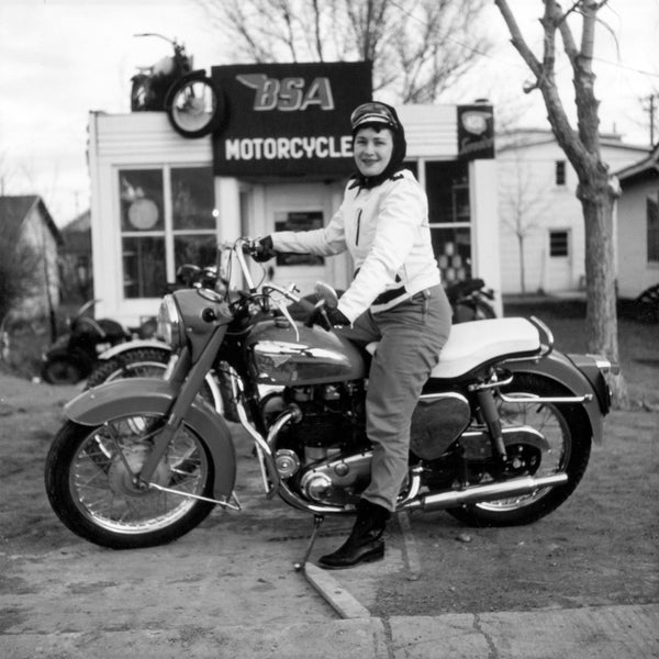 Olive Oler, the first woman to be seen riding her BSA motorcycle around Casper, 1343 S. McKinley St., 1956. -- COURTESY DEBBIE SHEDDEN