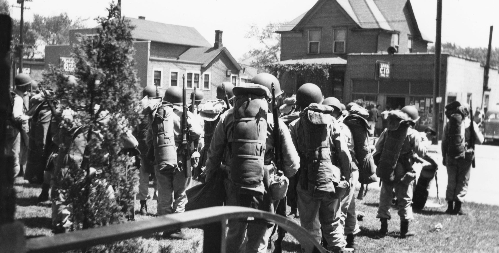 The national guard after being called in to monitor the Rath Packing Company strike in 1948. -- Leo R. Larson