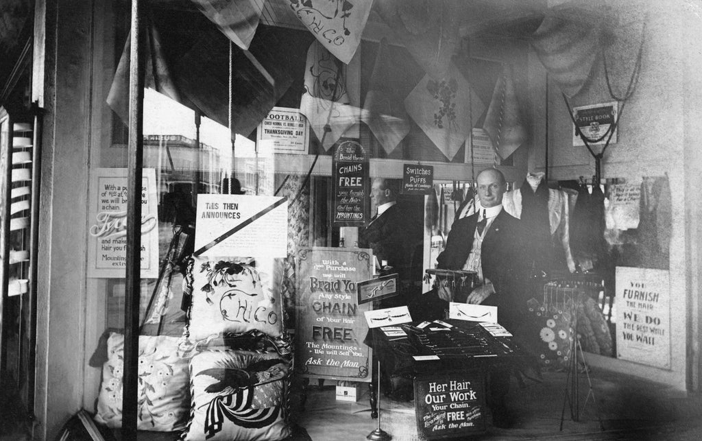 A hair weaving business on Broadway, circa 1907. This entrepreneur made fashion chains, and other items, from the customer's hair. -- Courtesy of Randy Taylor Collection