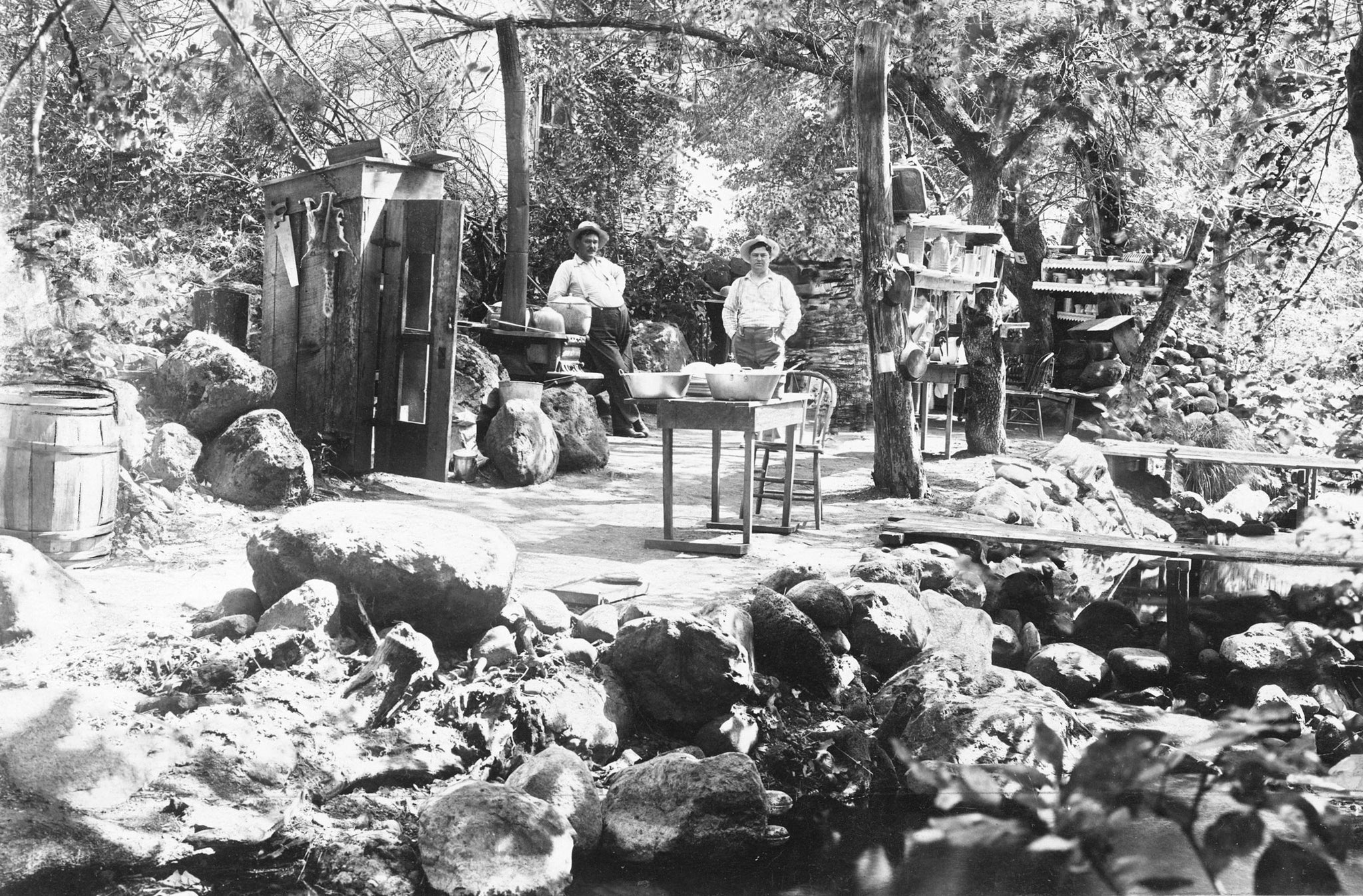 Campsite along Mud Creek in Richardson Springs resort, circa 1905. At Richardson Springs, guests had the option of staying in the Richardson Springs Hotel or camping. Later, cabins were also added to the resort. -- Courtesy Randy Taylor Collection