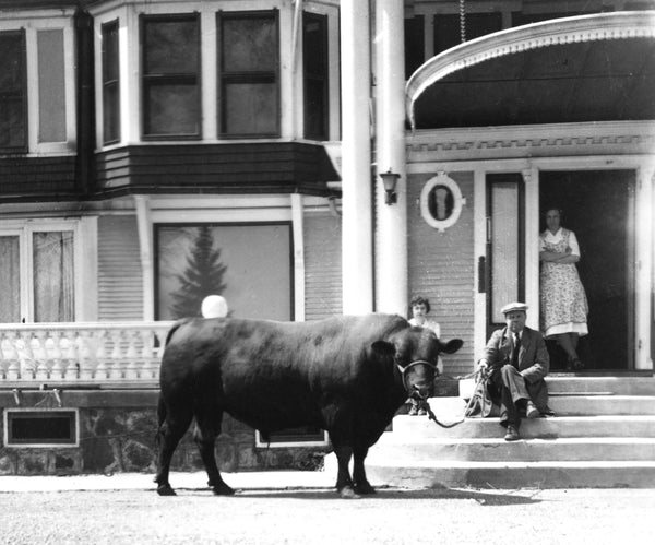 John Maslowski, the Heart’s Delight Farm manager, sitting with Anna, Mary and one of their animals in Chazy, 1936. -- Courtesy Alice T. Miner Museum