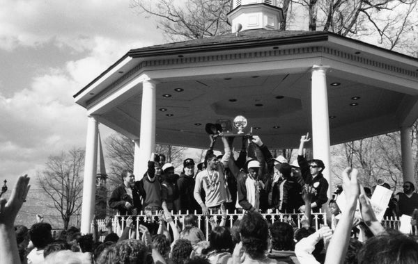 MASH boys basketball team celebrating their state runner-up finish at Diamond Park after returning home from Hershey in 1987. -- Courtesy of Tom Compton