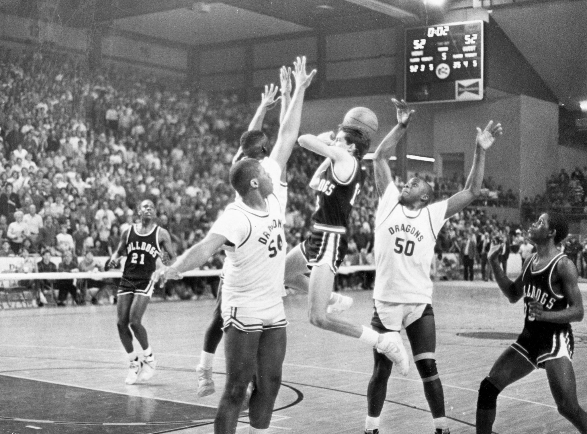 MASH’s Mike Pero hitting the game winning shot against Allderdice in the PIAA Class AAAA West final (state semi-final) at the Erie Civic Center, 1987. -- Courtesy of Meadville Tribune
