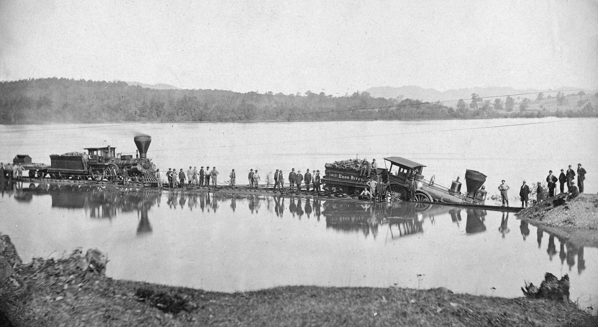 A train wreck in October 1869 as a result of flooding in Northampton.  -- Courtesy Forbes Library