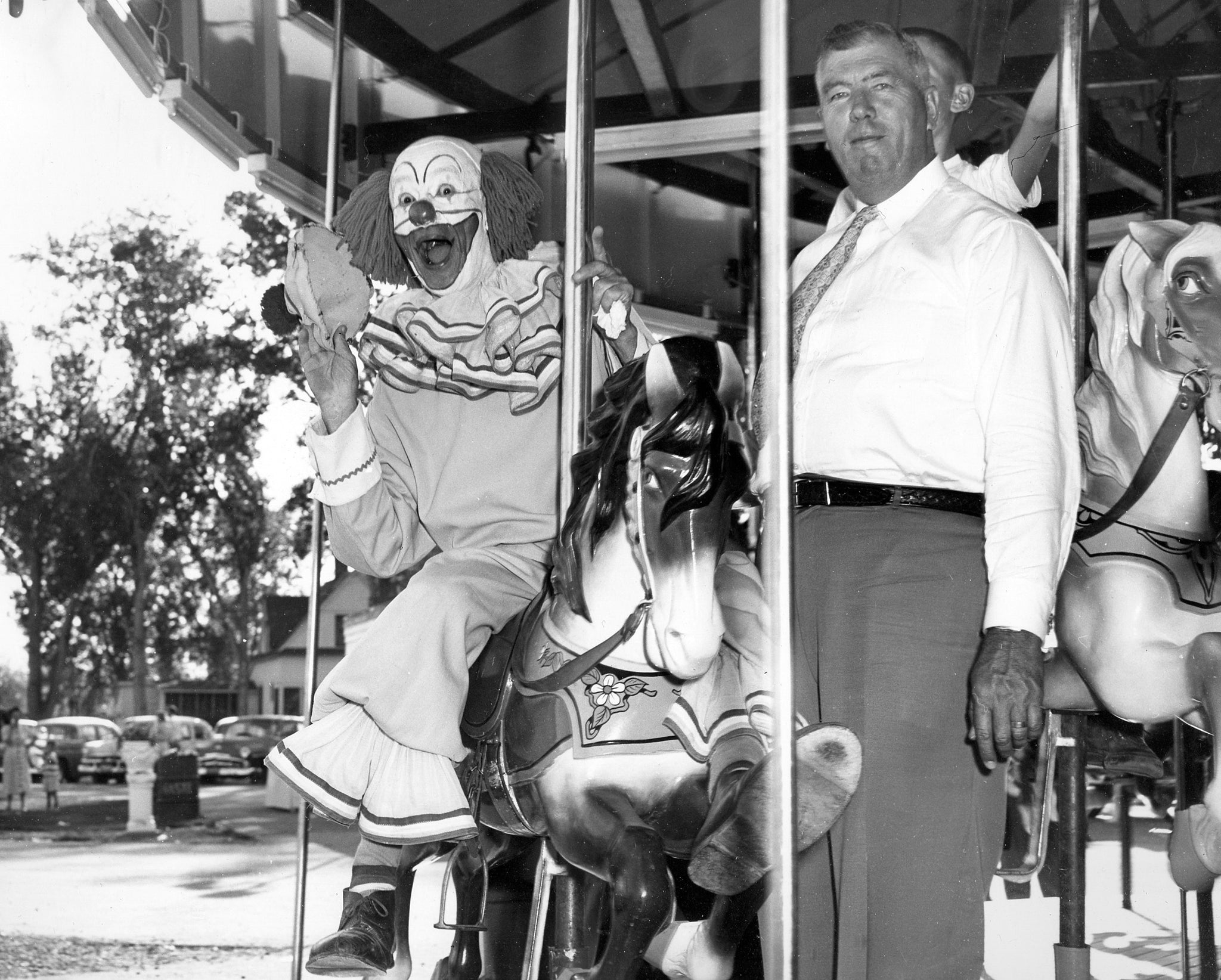 Bozo the Clown with Don Foote at Wonderland, 1954. -- Foote Collection, Western Heritage Center
