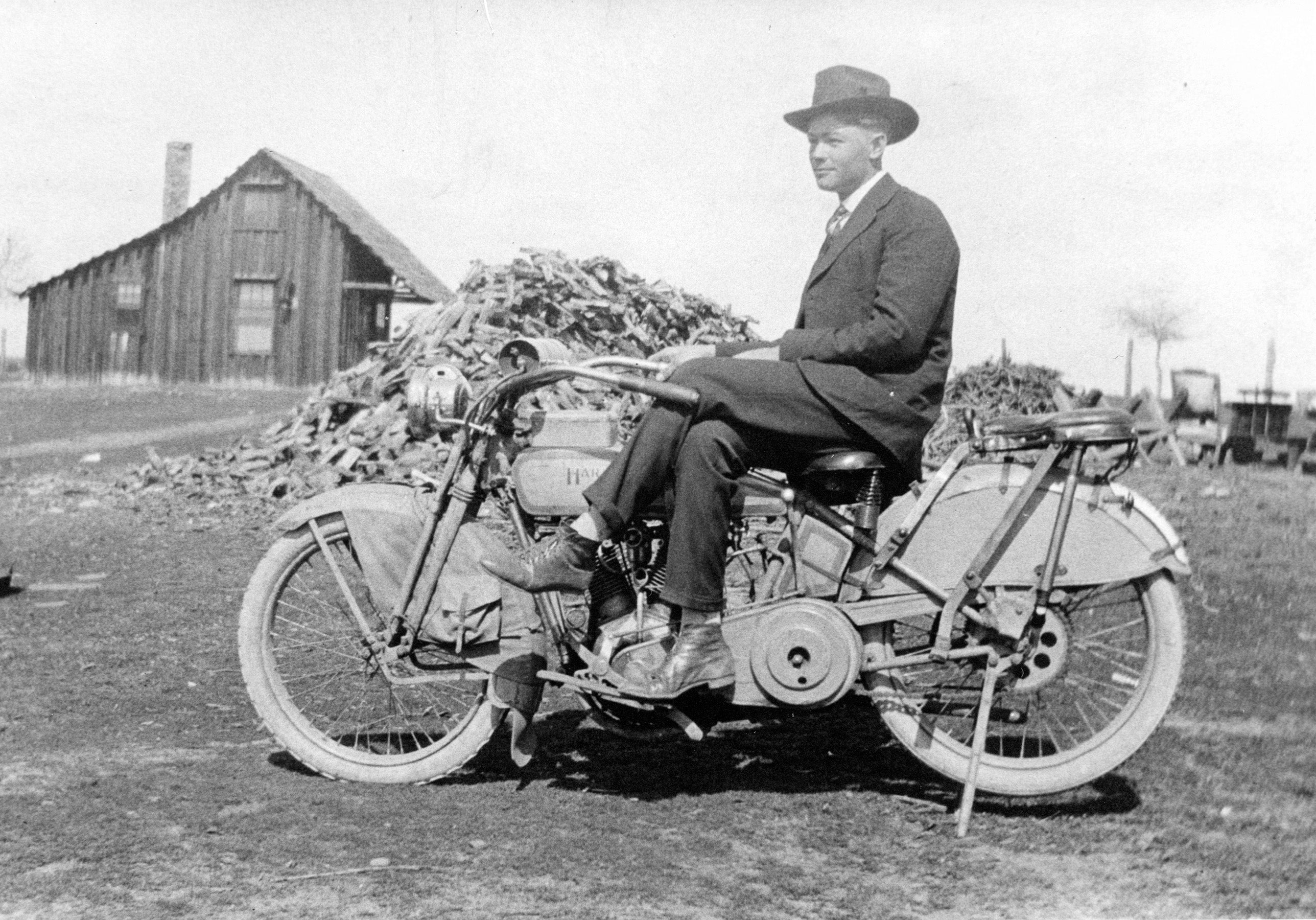 Antone Riebschlager on his Harley Davidson motorcycle in Clovis at Fran and Theresia Meisetschlagers farm on the southside of Shaw, circa 1915. Courtesy Judy Wathen-Farris