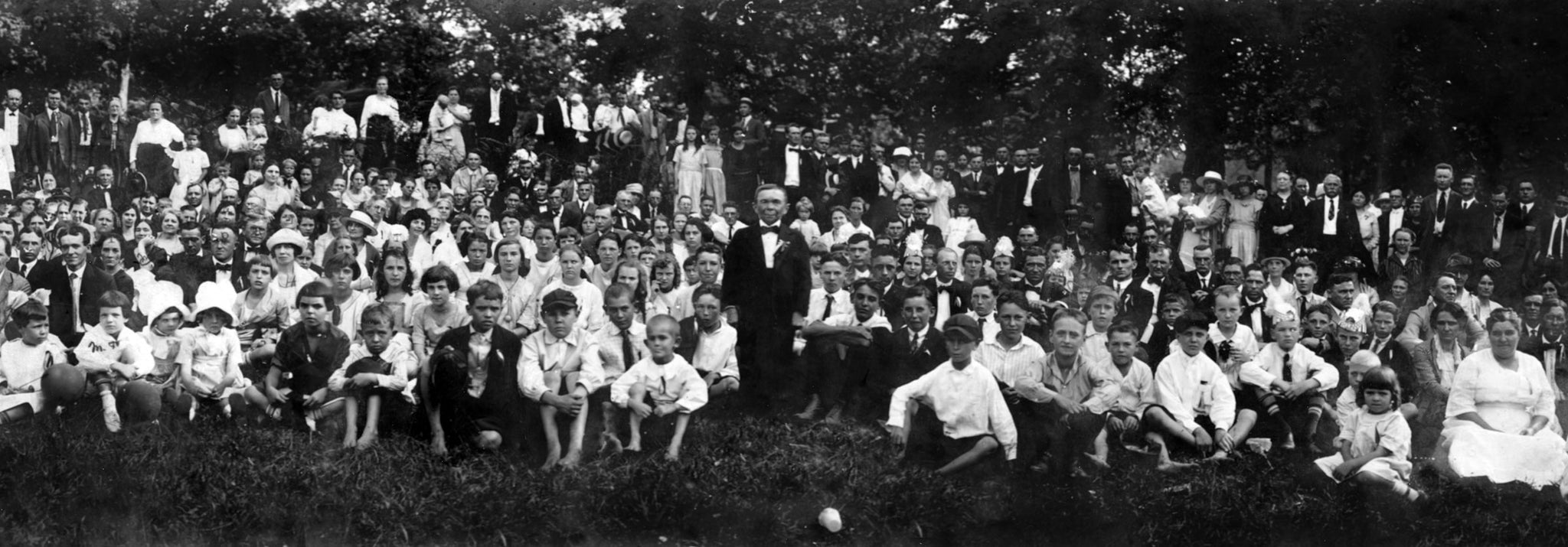 Gathering of the Kings Mountain Pythian Lodge No. 94 in 1921. The Guest of Honor (center) was the smallest Pythian, Major John Mertz, who stood 46 inches tall and weighed 62 pounds. -- Courtesy Kings Mountain Historical Museum