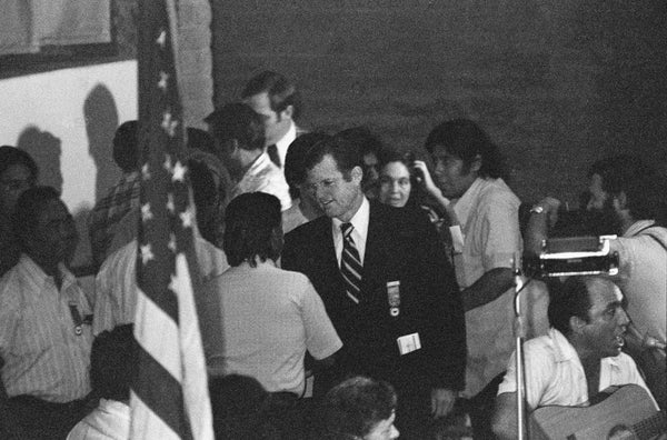 Massachusetts Senator Ted Kennedy greets activist Cesar Chavez at the First Constitutional Convention of the United Farm Workers Union at the Selland Arena, September 21, 1973. -- Courtesy Howard Watkins