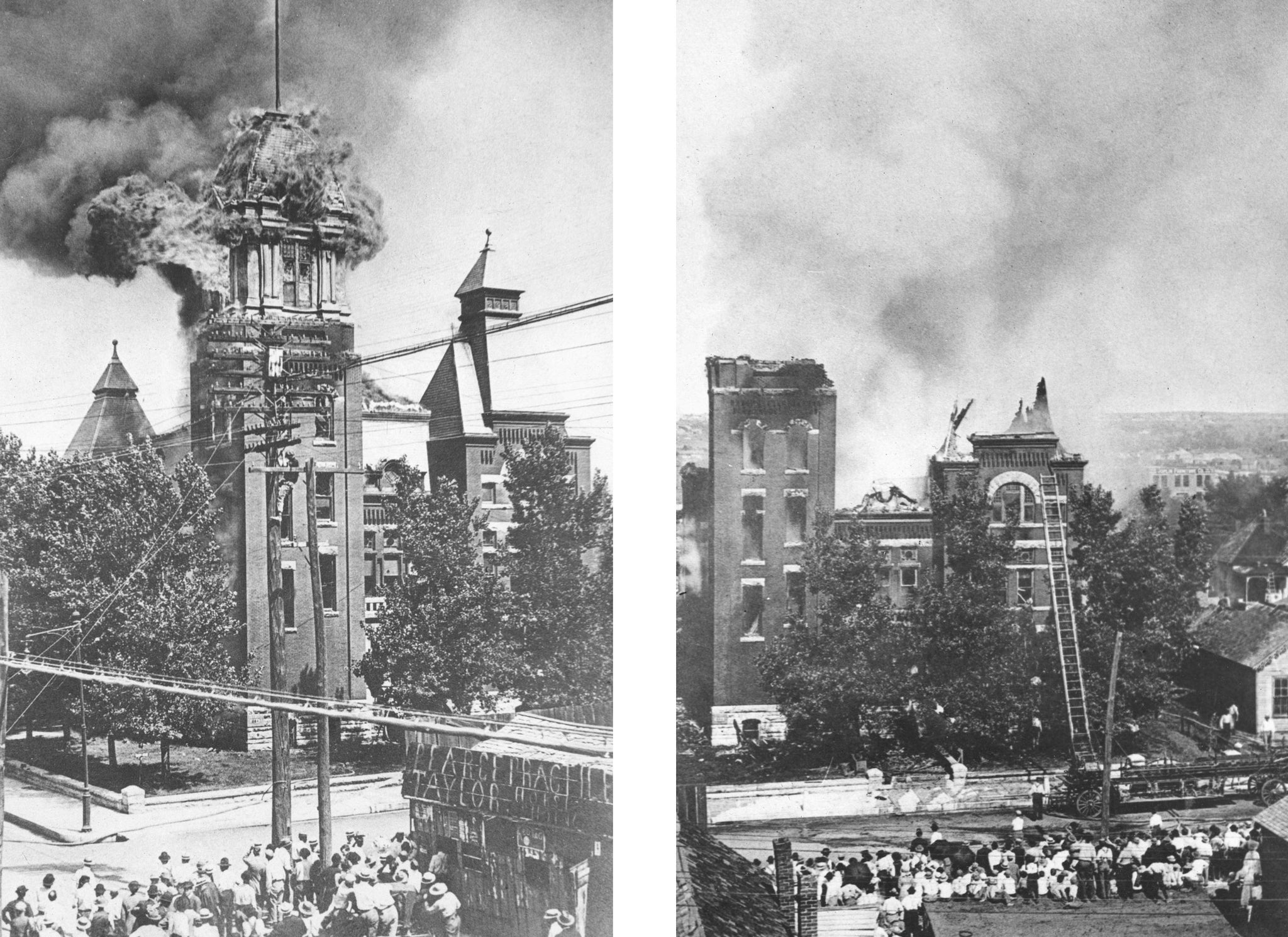 The Jasper County Courthouse on Seventh Street and Virginia Avenue burns on June 13, 1911. -- JOPLIN GLOBE ARCHIVES
