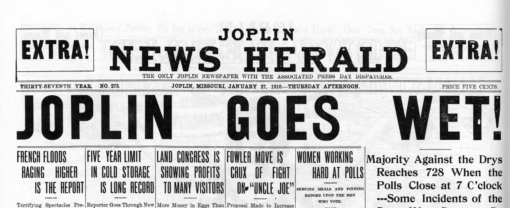 Excerpt from the extra edition of the Joplin News Herald on January 27, 1910. Voters decided to continue allowing saloons. -- JOPLIN GLOBE ARCHIVES