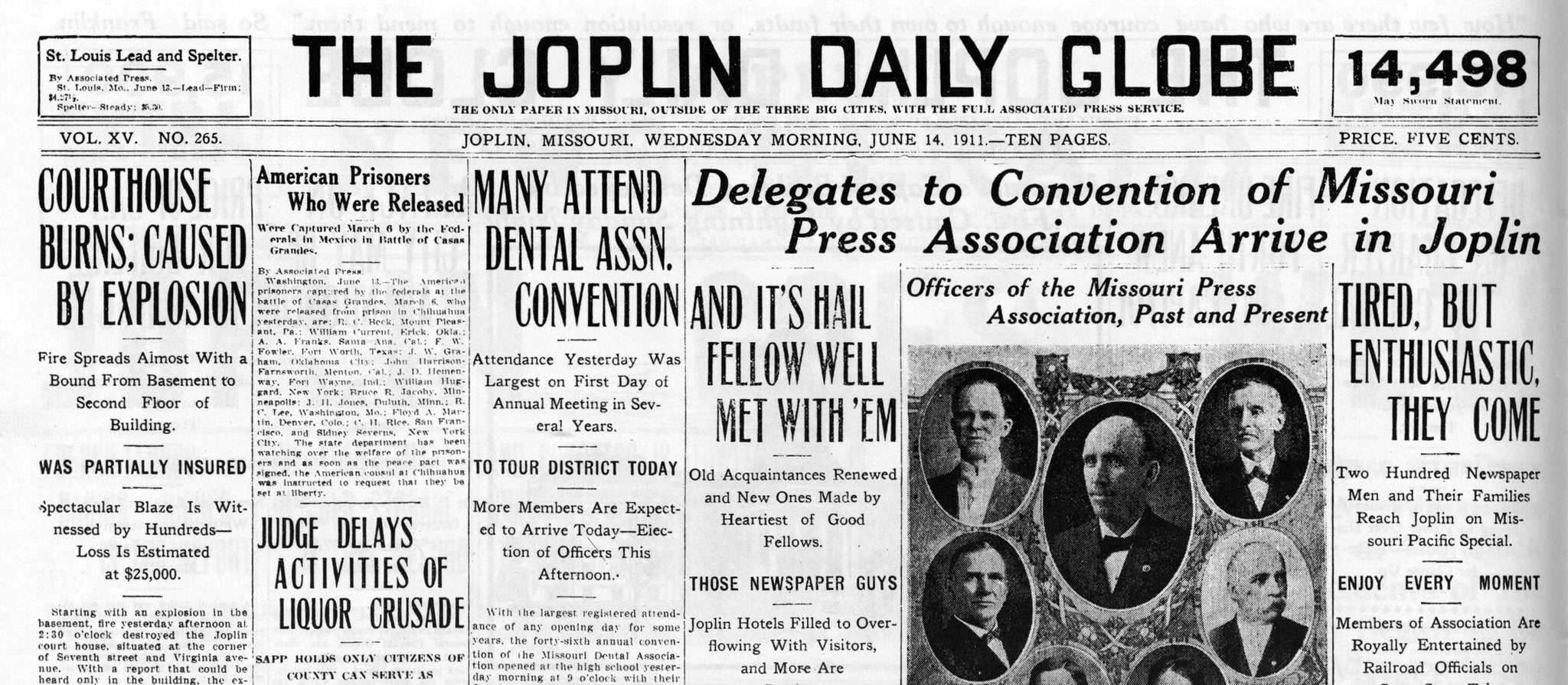 Articles in the Joplin Daily Globe’s June 14, 1911 issue include the courthouse fire, a dentist convention, and a press convention. -- JOPLIN GLOBE ARCHIVES