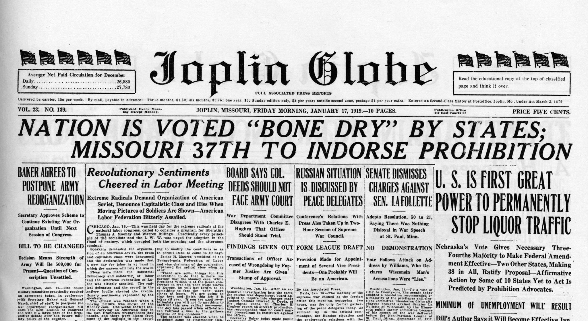 The Joplin Globe reported on nation-wide prohibition on January 17, 1919. -- JOPLIN GLOBE ARCHIVES