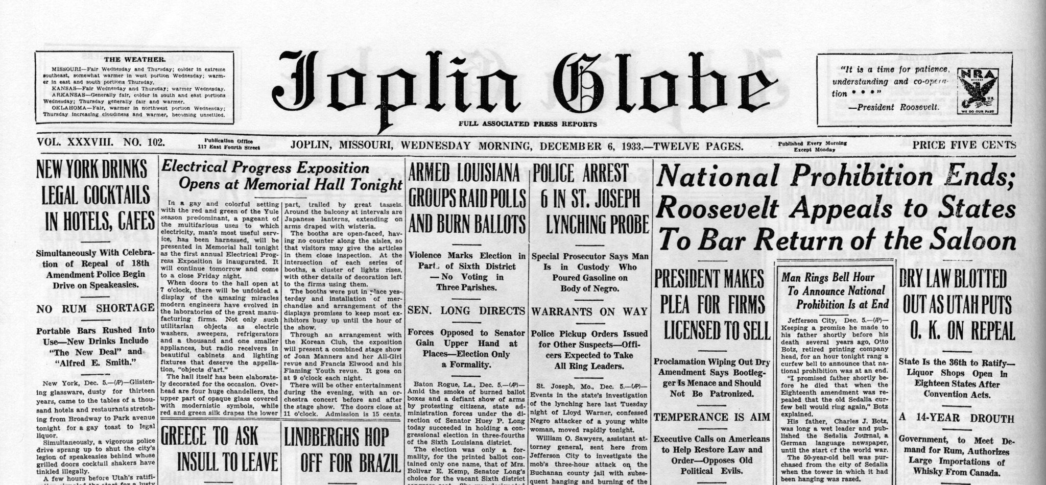 Excerpt of the December 6, 1933 edition of the Joplin Globe featuring a story on the end of Prohibition. -- JOPLIN GLOBE ARCHIVES