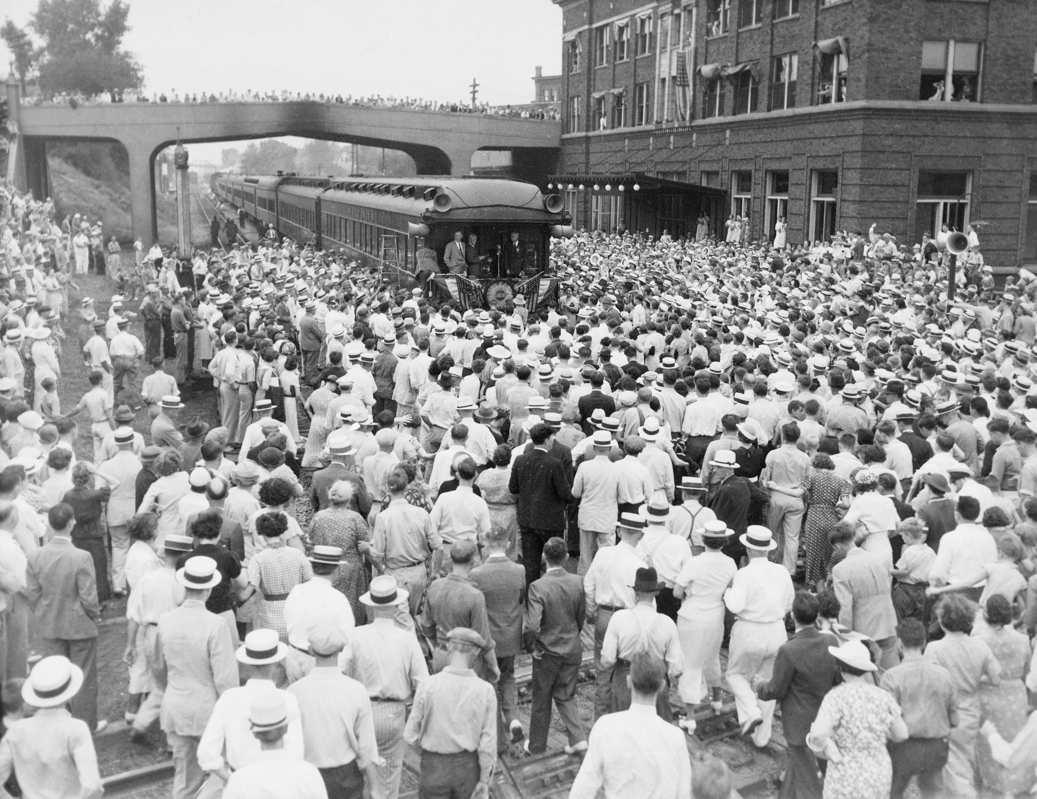 Kansas Governor Alf Landon making a campaign stop in Bloomington, 1936. -- The McLean County Museum of History, Pantagraph Collection