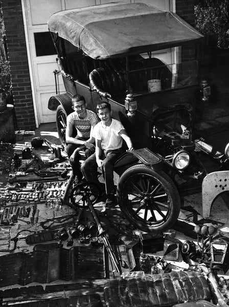 Two Decatur boys next to a disassembled Model T, circa 1965. -- Courtesy Macon County Historical Society Museum