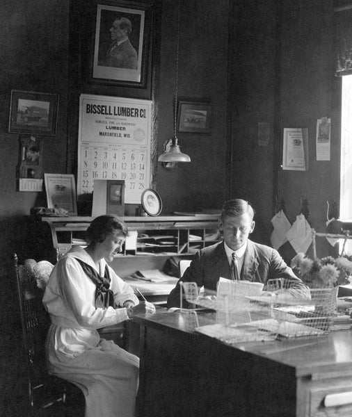 Blum Brothers Box Company president, Paul Blum with his secretary Molly Dix, August of 1920. -- Courtesy North Wood County Historical Society / #C112.21