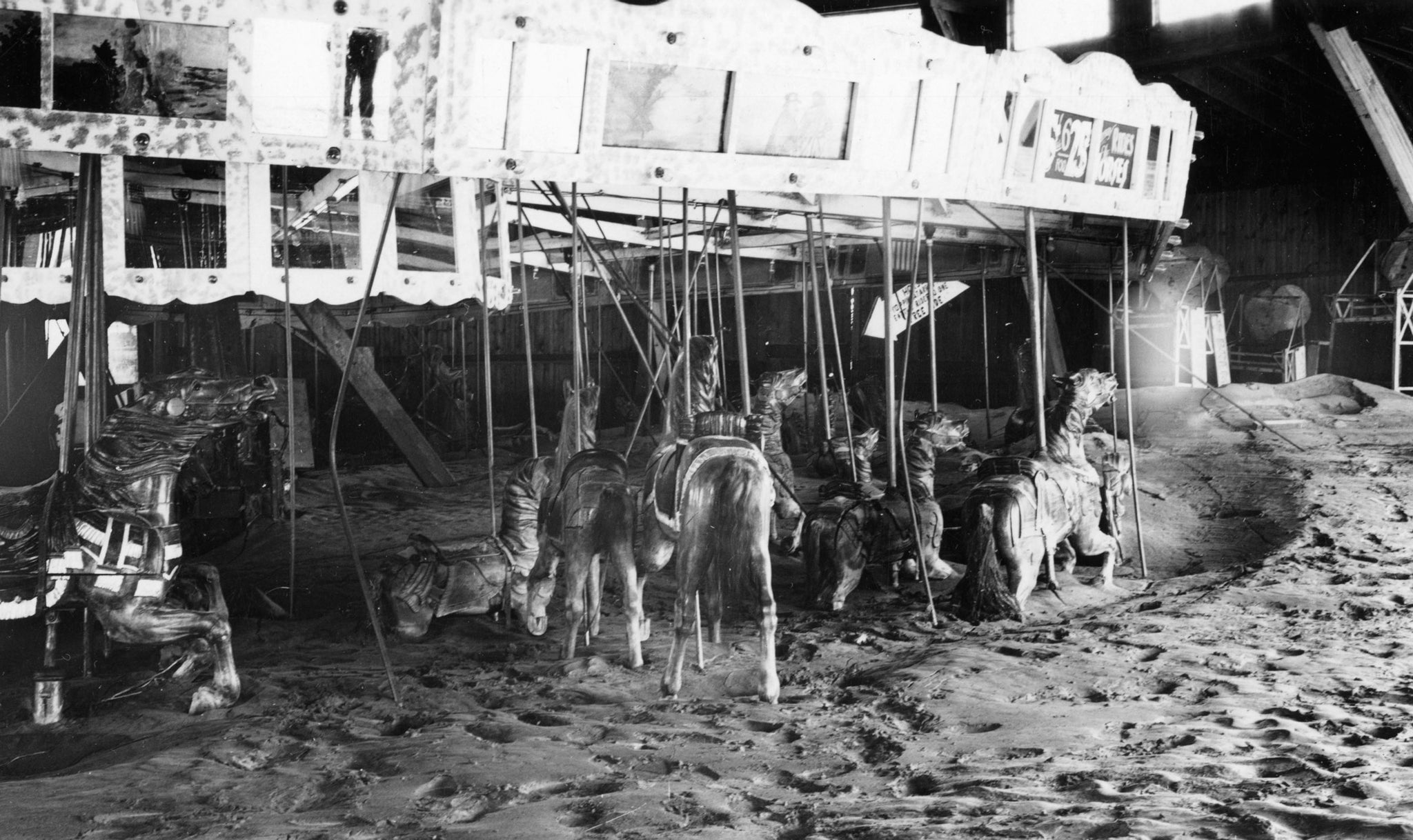 Merrimack Park carousel in the aftermath of the Great Flood of 1936. The amusement park operated along the Merrimack River between 1921 and 1936. -- Methuen Historical Commission