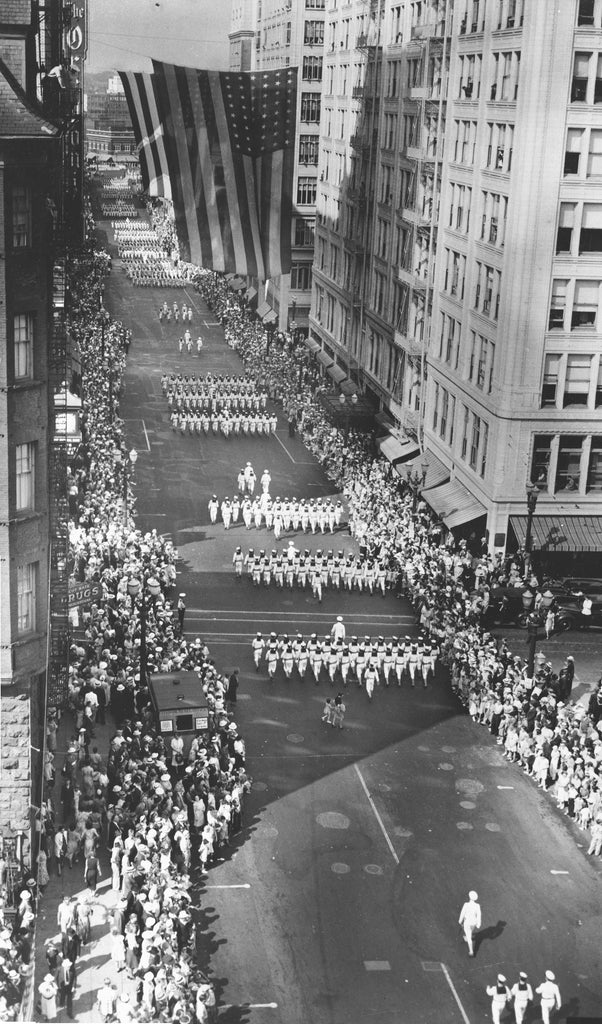 Sailors and Marines marching in Portland during Fleet Week, July 1936.