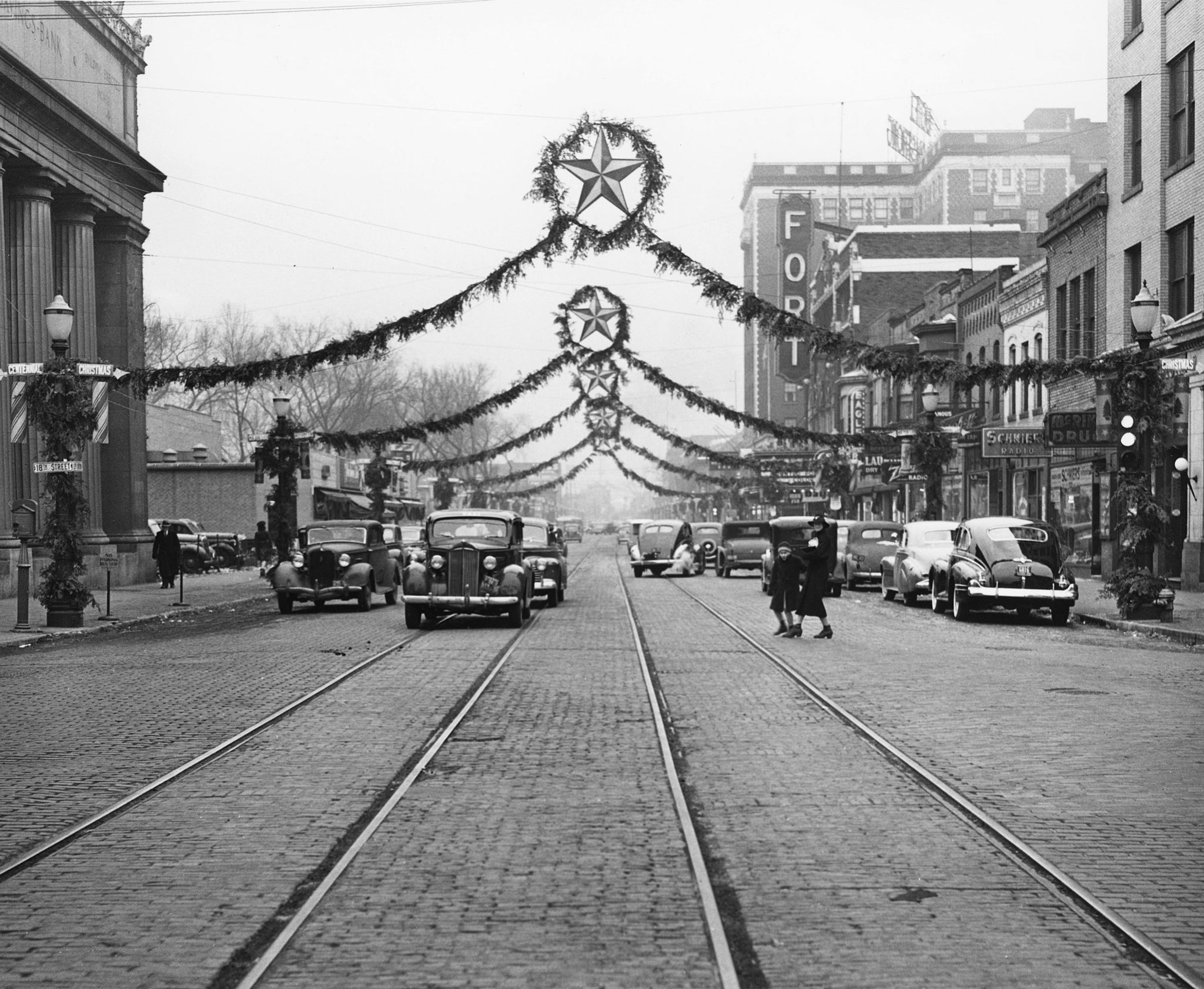 Christmas decorations over 3rd Avenue in downtown Rock Island, 1940. -- David K. Sebben 