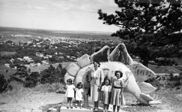 Frances M. Wise, center, and her daughters, from left, Cathy, Jani, Nancy, and Mary at Dinosaur Park, Rapid City, 1951. -- Courtesy of Jan Gustin