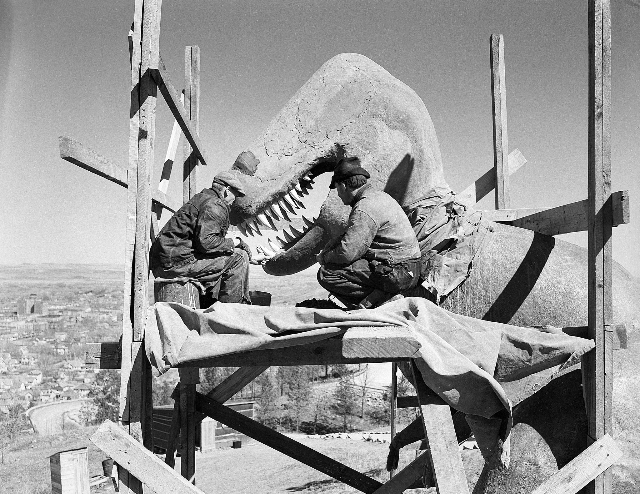 Dinosaur Park statue construction, 1930s. The sculptures were designed by Emmet Sullivan and the park was dedicated on May 22, 1936. -- Courtesy of the Rapid City Journal